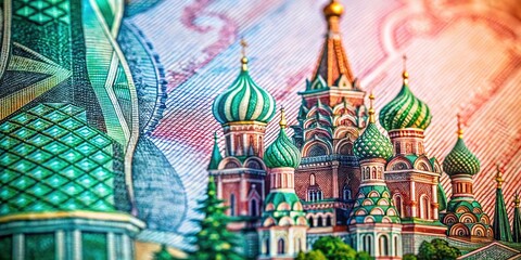 Obraz premium Macro Photography Russian Ruble Banknote, Close Up Detail, High Resolution Currency Image, Russian Money, Ruble Currency, Finance, Economy, Money Background