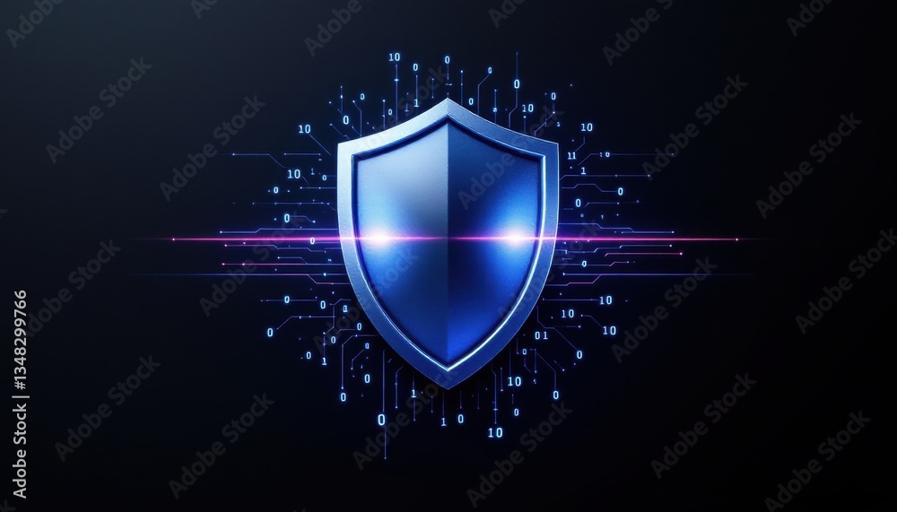 Fototapete Digital cybersecurity shield on black background with binary code design