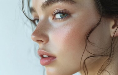 Beautiful female face with perfect skin and plump lips in close-up on white background, beauty concept, stock photo contest winner, close-up of beautiful female model with soft and natural makeup,