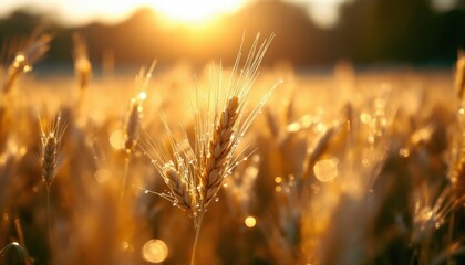 Golden wheat field at sunrise with dew-kissed ears and warm sunlight