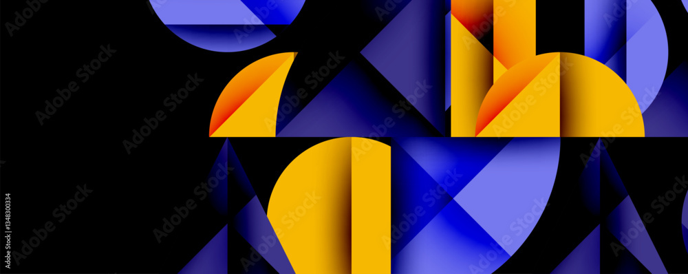 Poster Abstract geometric background with layered gradient shapes forming dynamic patterns. Overlapping semi circles and triangles create depth and contrast