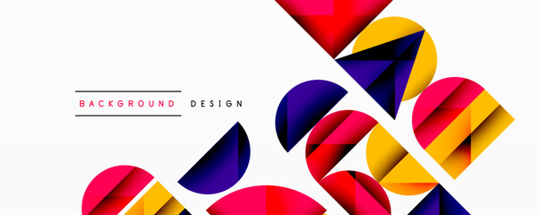 Abstract geometric background with layered gradient shapes forming dynamic patterns. Overlapping semi circles and triangles create depth and contrast