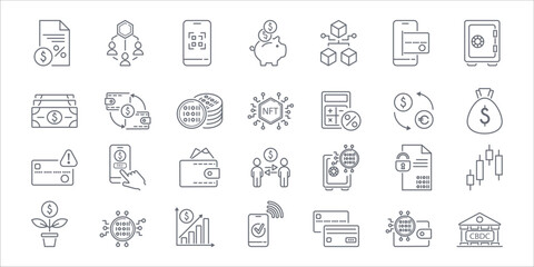 Smart digital finance line icons set. Simple outline signs for financial institutions, banks, fintech companies, marketing, web, and mobile apps. Editable Stroke.