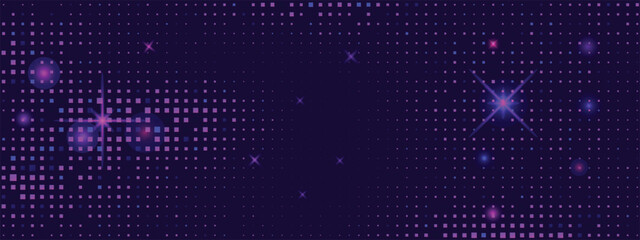 Neon purple abstract background. Bright game backdrop. Dark blue background with random violet and pink particles. Digital tech mosaic vector pattern. © YEVHENIIA