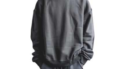 Person wearing gray sweatshirt with hands in pockets on transparent background