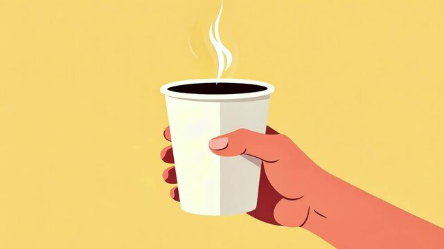 Hand holding paper cup of hot coffee with steam. Coffee to go concept, vector cartoon style