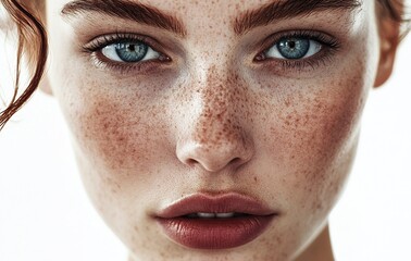 Naklejka premium Beautiful female face with perfect skin and plump lips in close-up on a white background. This image illustrates the concept of beauty and can be used as a stock photo. 