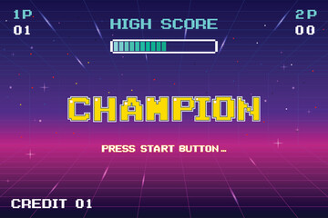 CHAMPION. pixel art .8 bit game. Retro Futurism Sci-Fi Background. glowing neon grid. and stars from vintage arcade computer games