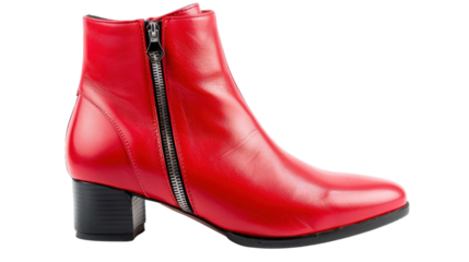 Red leather ankle boot with zipper and block heel on transparent background