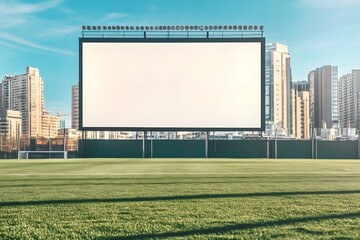 Obraz premium Blank Billboard at Soccer Field with City Backdrop for Modern Advertising Display