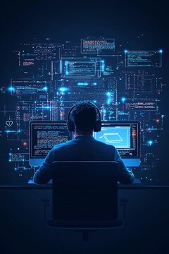 Full-stack developer working on cloud integration, coding in the background, modern software development process.