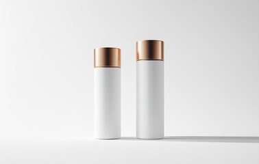 Blank white mockup of two cosmetic tubes and jars standing on white background, front view, mockup template for design presentation, high resolution, real photo with copy space for text. 