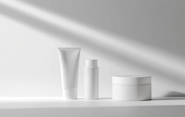 Blank white mockup of two cosmetic tubes and jars standing on white background, front view, mockup template for design presentation, high resolution, real photo with copy space for text. 