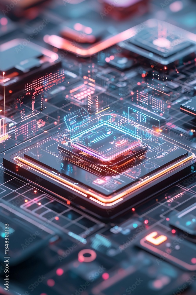 Poster futuristic 3d web components floating in a virtual space, innovative web design concept, cutting-edg