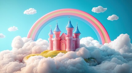 Enchanting castle on a floating island beneath a rainbow sky
