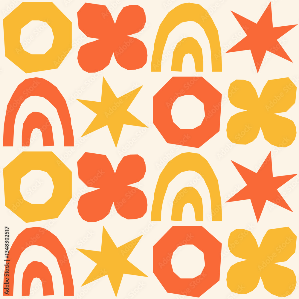 Poster cute geometric seamless pattern with hand drawn shapes on a beige background. simple groovy modern d