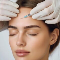 In a modern clinic, a young woman with smooth skin relaxes as a professional administers a skincare treatment, focusing on enhancing her facial features in a calm atmosphere