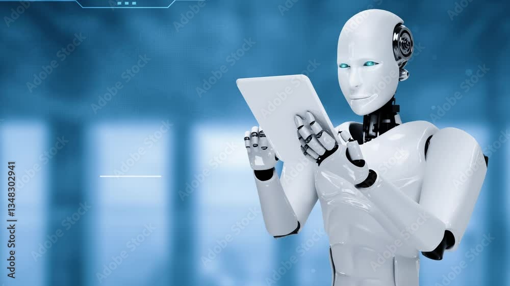 Poster robot hominoid using tablet computer for big data analytic using ai thinking brain , artificial inte