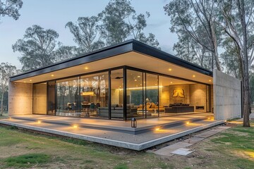 Modern architectural home with large glass windows situated in a serene forested area at dusk
