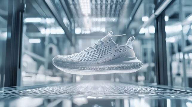 A futuristic white athletic shoe with a unique breathable design hovers in a modern clean production facility showcasing innovative technology and advanced manufactu.