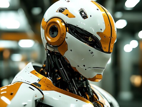 A detailed and modern robot portrait showcasing its sleek design and features - Powered by Adobe