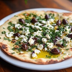 A savory and crispy Mediterranean flatbread topped with olives, feta cheese, and herbs