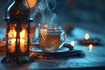 Warm, steaming cup of herbal tea on a rustic table with glowing lanterns and soft candlelight ambiance