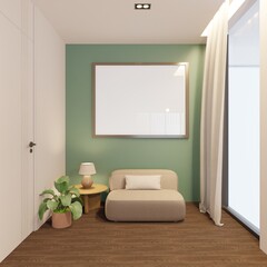 The living room corner interior the house is decorated with empty picture frames on the green wall and a small sofa for relaxing. 3d render