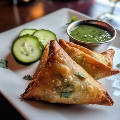 A savory and crispy vegetable samosas with a golden brown pastry and a spicy potato filling, served with a side of mint chutney, on a white plate