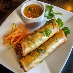 A savory and crispy vegetable spring roll with a side of dipping sauce, served on a white plate,...