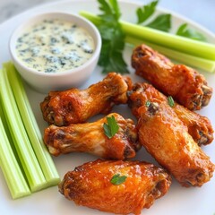 A savory and crunchy buffalo chicken wings with a side of celery sticks and blue cheese dipping sauce, served on a white plate, Buffalo wings centered