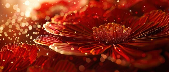 Close-up of vibrant red flowers with sparkling droplets, set against a soft golden background