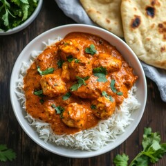 A savory and flavorful chicken tikka masala with tender pieces of chicken in a spiced tomato sauce, served over basmati rice, in a white bowl