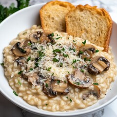 A savory and flavorful mushroom risotto with creamy Arborio rice and Parmesan cheese, served in a white ceramic bowl, Risotto centered