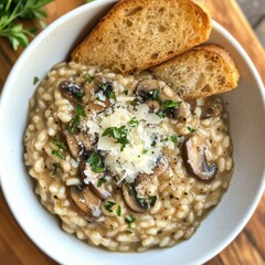 A savory and flavorful mushroom risotto with creamy Arborio rice and Parmesan cheese, served in a white ceramic bowl, Risotto centered