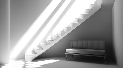 Obraz premium Interior Staircase Corner, Daylight, Minimalist Sofa, Modern Design, Architectural Sketch