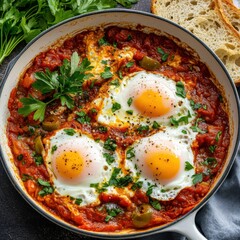 A savory and flavorful shakshuka with poached eggs in a spicy tomato and pepper sauce, served in a white skillet, Shakshuka centered
