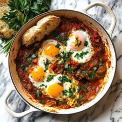 A savory and flavorful shakshuka with poached eggs in a spicy tomato and pepper sauce, served in a white skillet, Shakshuka centered