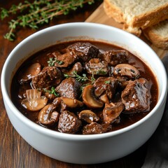 A savory and rich beef bourguignon with tender beef, mushrooms, and red wine sauce