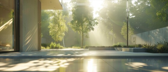 Serene modern architecture with sunlight filtering through trees in a tranquil outdoor setting