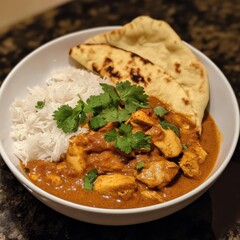 A savory and satisfying chicken curry with basmati rice, served in a white bowl, Curry centered with a sprinkle of fresh cilantro