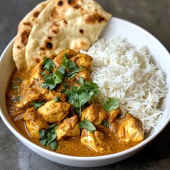 A savory and satisfying chicken curry with basmati rice, served in a white bowl, Curry centered with a sprinkle of fresh cilantro