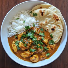 A savory and satisfying chicken curry with basmati rice, served in a white bowl, Curry centered with a sprinkle of fresh cilantro