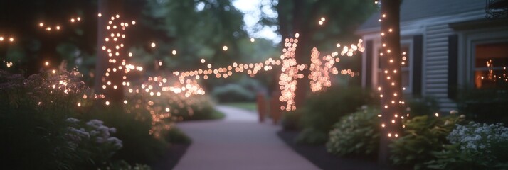 A blurred image of a pathway leading to a house with string lights wrapped around a tree