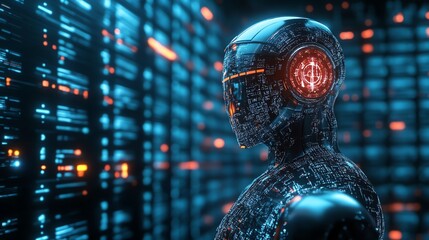 Fototapeta premium Futuristic Humanoid Robot Artificial Intelligence Concept with Digital Circuit Background