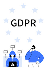 GDPR text surrounded by stars, hooded figure with laptop and warning icon, man thinking. Ideal for data protection, cybersecurity, privacy, EU regulations, compliance, IT risk flat simple metaphor