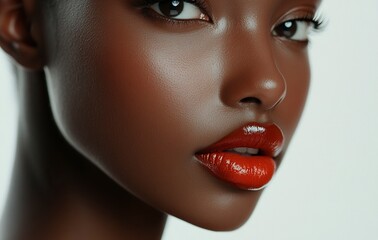 Close-up of beautiful female face with perfect lips, on white background. This beauty concept image features soft lighting and shadows, showing off the model's flawless skin tone. The high resolution 