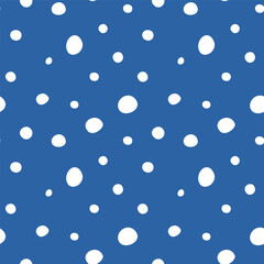 Abstract polka dot seamless pattern. Blue dots on white background, hand drawn vector print.