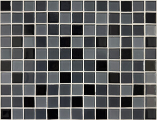 Close up of black and grey mosaic tiles. Monochrome mosaic tiles, symbol of luxury, usually used in bathroom, kitchen, toilet, or luxurious hotel. Seamless background texture.