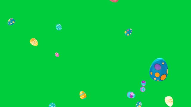 Colorful Easter Egg falling on green screen background. 3D rendering. Painted Easter eggs animation cartoon 4k video. Happy Easter Holidays effect chroma key.